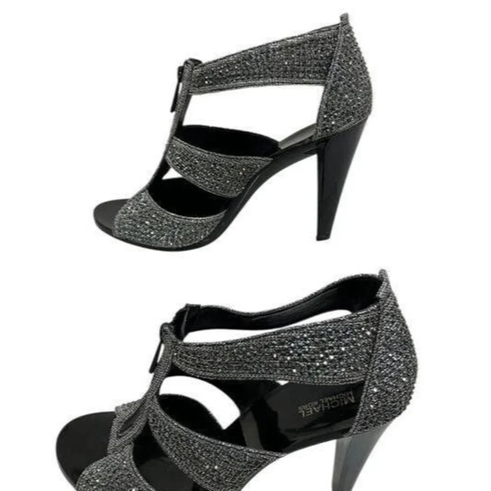 MICHAEL KORS WOMENS BLACK GLITTER BERKLEY T STRAP ZIP UP SANDALS NIB SIZE 9.5 M